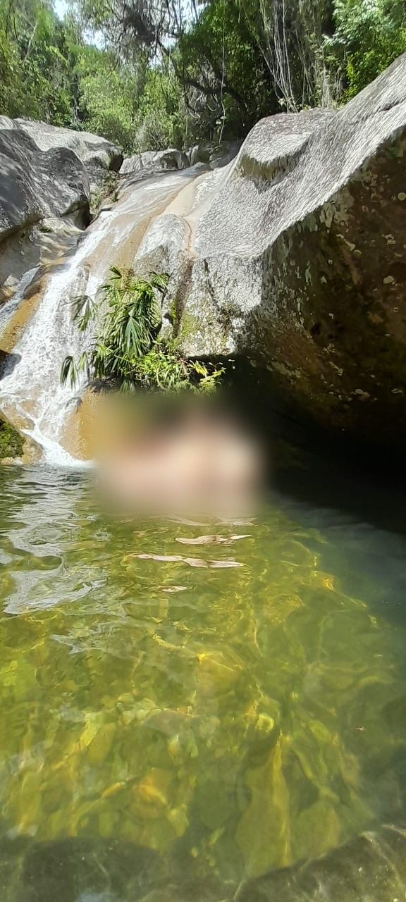 Poza natural de agua verde en la quebrada que linda con la finca